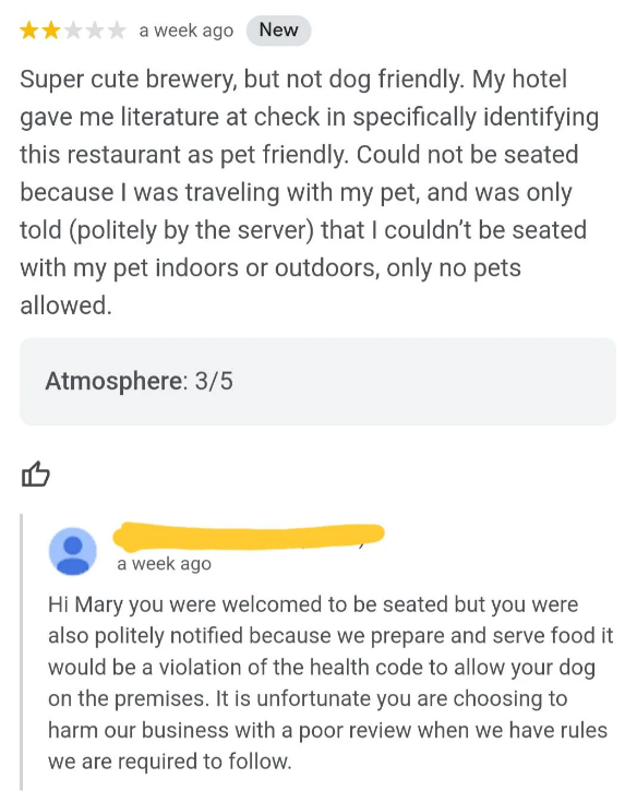 Review about a brewery not allowing pets indoors or outdoors, citing health code regulations. Business responds to a negative review about pet policy