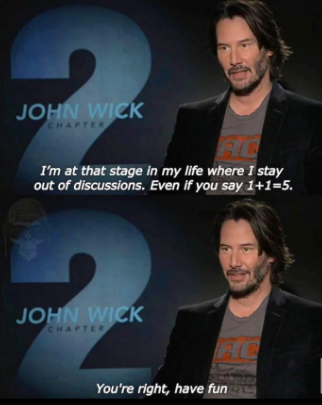 Actor humorously discussing avoiding arguments, saying they'll agree even if "1+1=5."