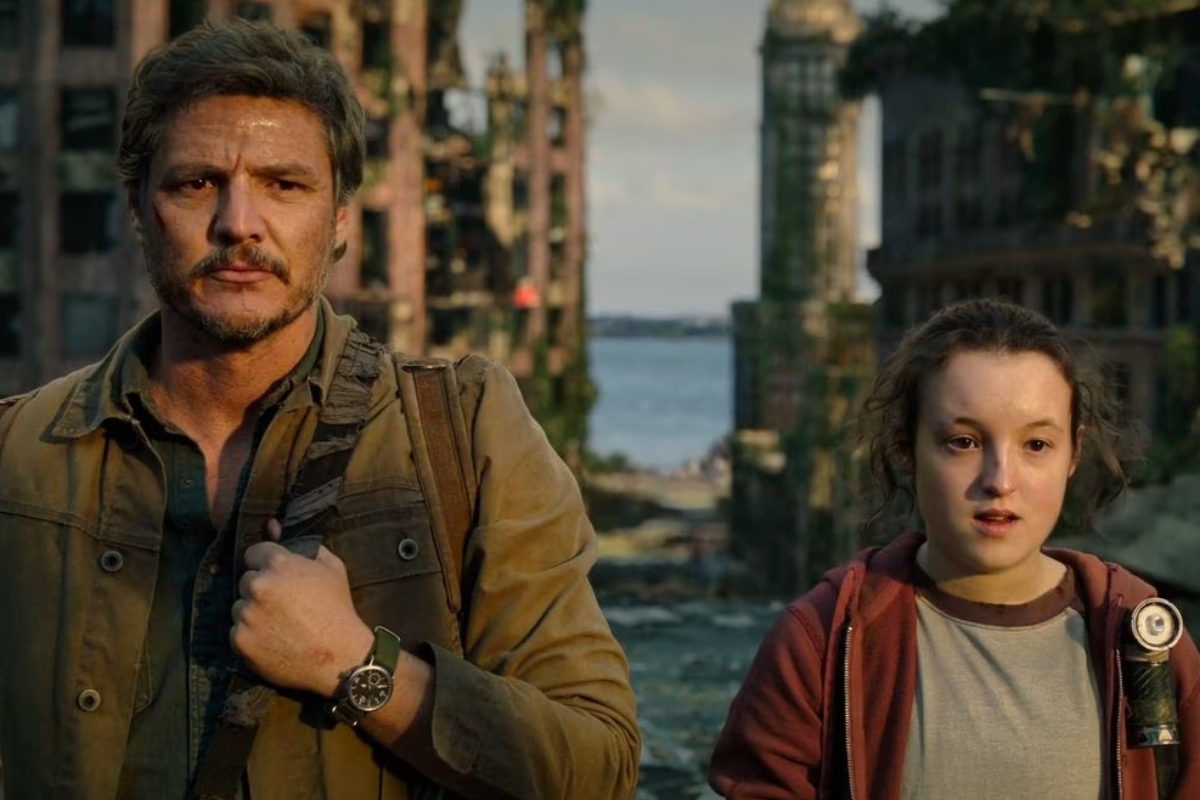 Two characters stand in a post-apocalyptic city scene, looking determined
