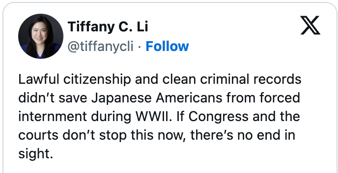 Tweet by Tiffany C. Li about Japanese American internment during WWII, noting lawful citizenship and clean records didn't prevent it