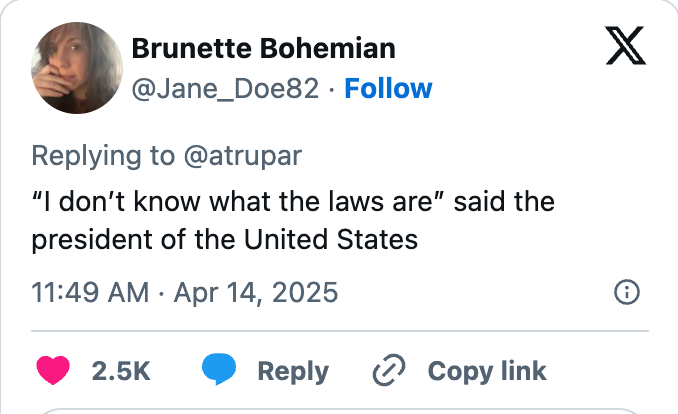 Social media post responding to a comment, quoting the U.S. president saying, "I don’t know what the laws are," dated April 14, 2025