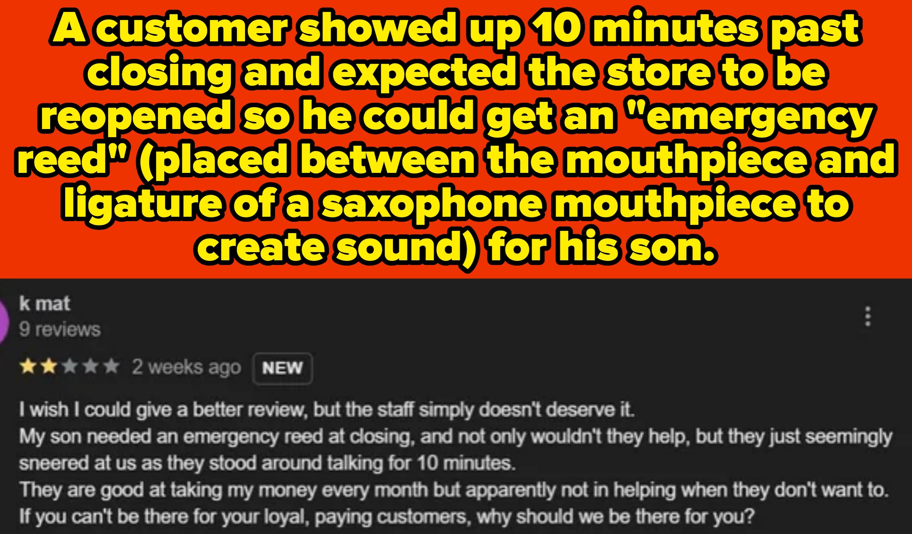 Screenshot of a Reddit post from r/retailhell discussing a negative Google review about poor customer service for a saxophone mouthpiece emergency