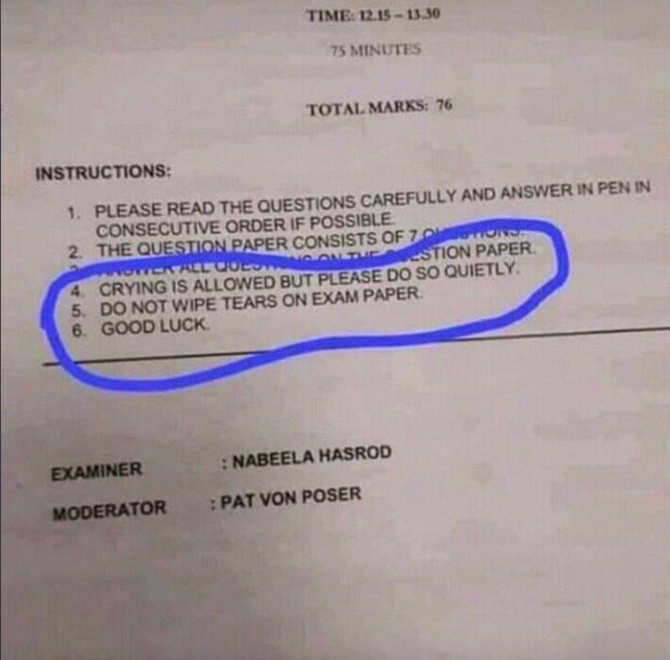 Exam instructions with a humorous note: "Crying is allowed but please do so quietly. Do not wipe tears on exam paper."
