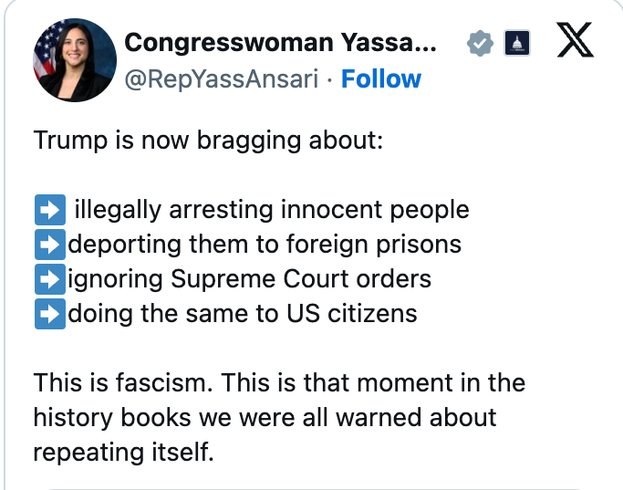 Tweet expressing concern about Trump's alleged actions: illegal arrests, deportations, ignoring court orders, and warning of fascism