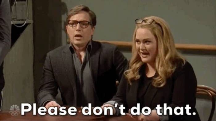 Two individuals seated at a table express concern. Text reads: "Please don’t do that."