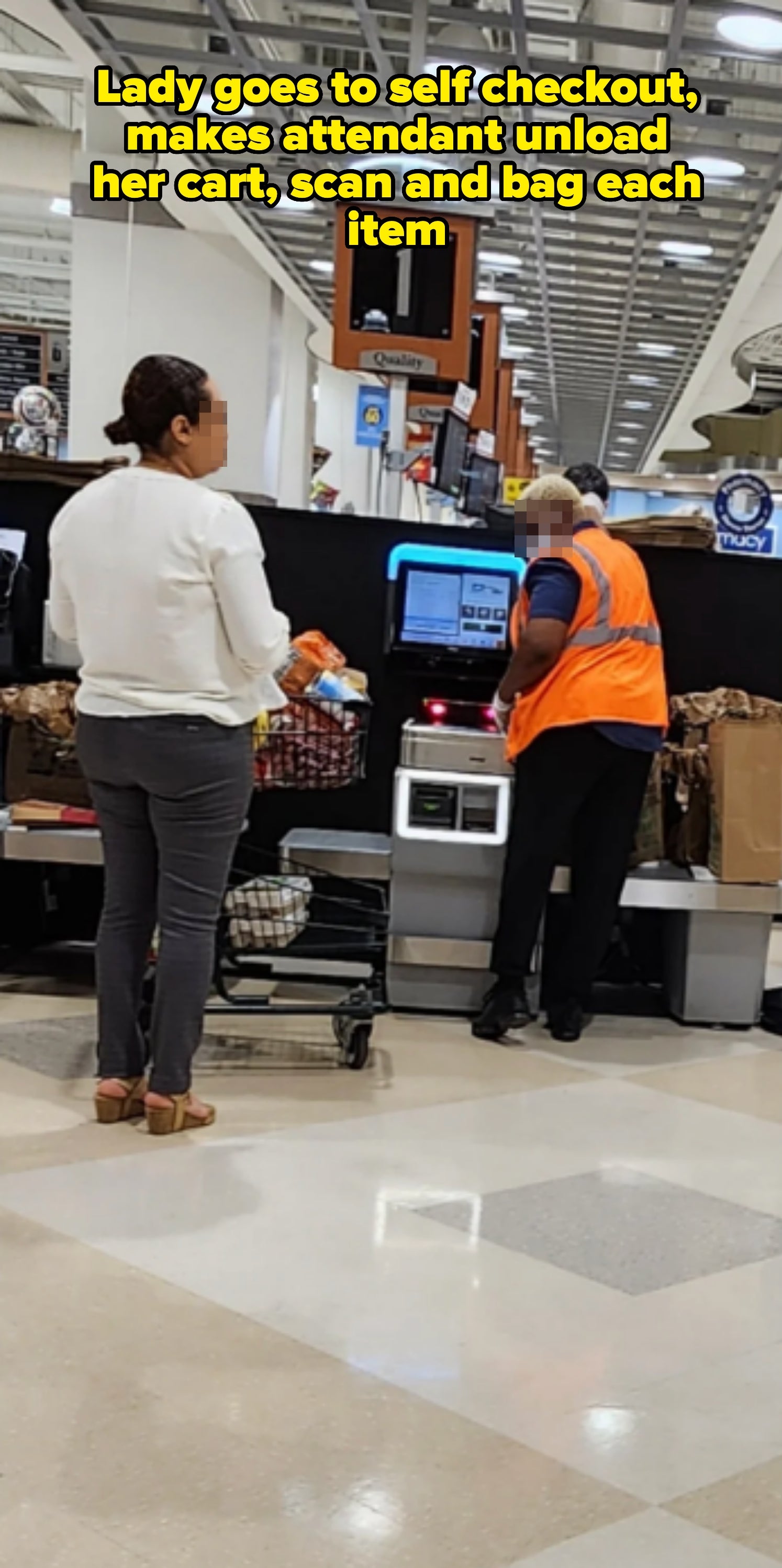 A woman at a self-checkout station in a grocery store, holding items near a conveyor belt