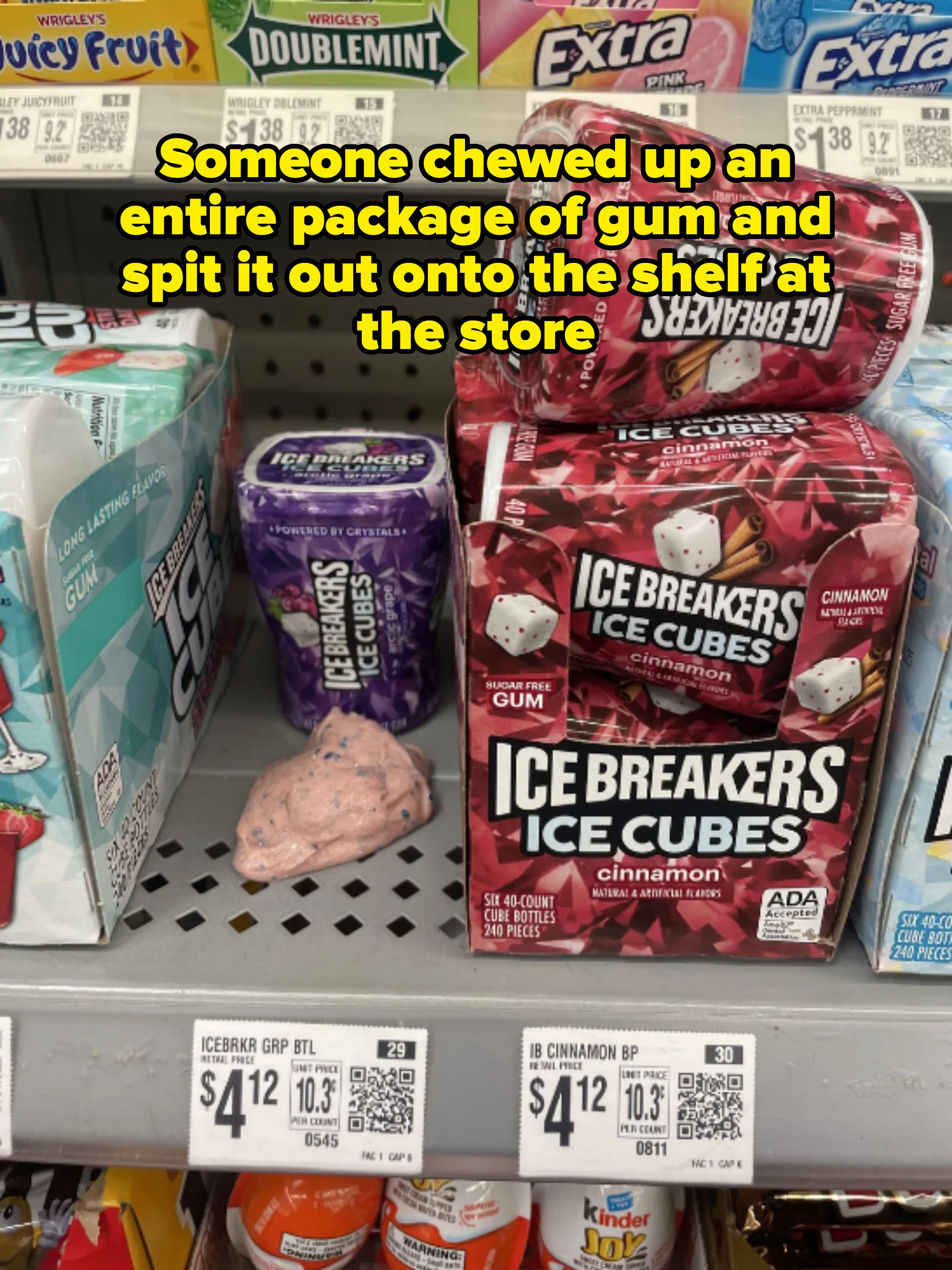 Ice Breakers Ice Cubes gum packs displayed on a store shelf, with visible price tags and various flavors including cinnamon and grape