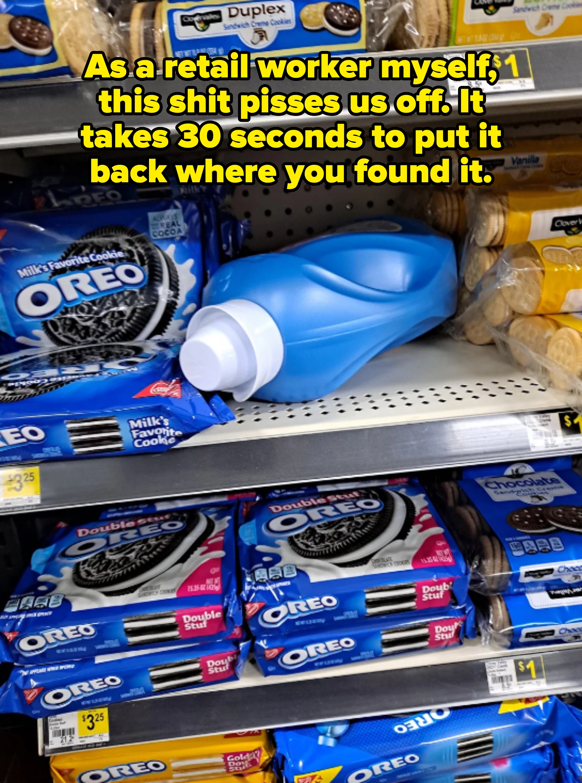 Laundry detergent mistakenly placed on a grocery store shelf among various Oreo cookie packages