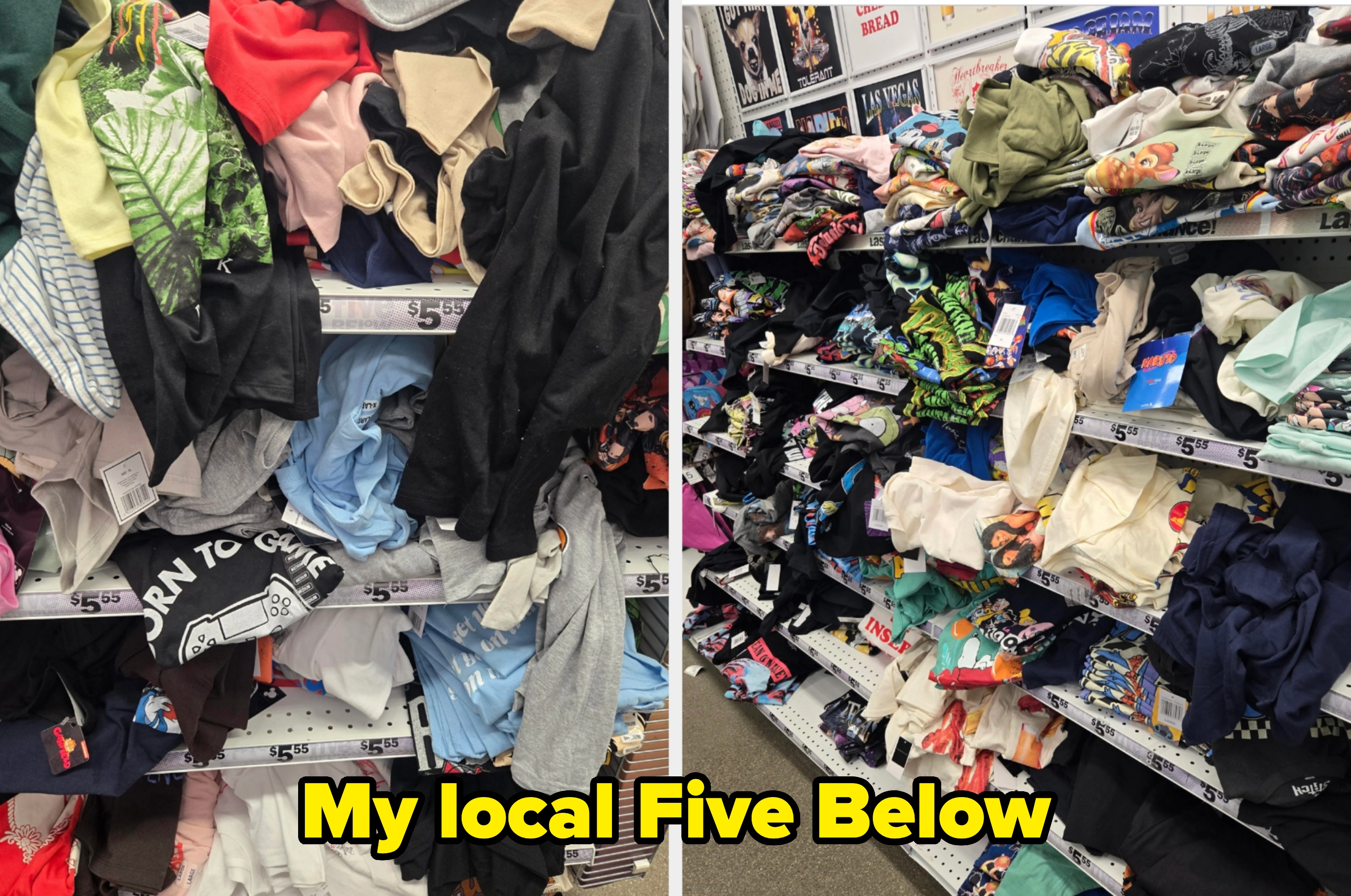 Store shelves cluttered with disorganized stacks of shirts in various styles and designs