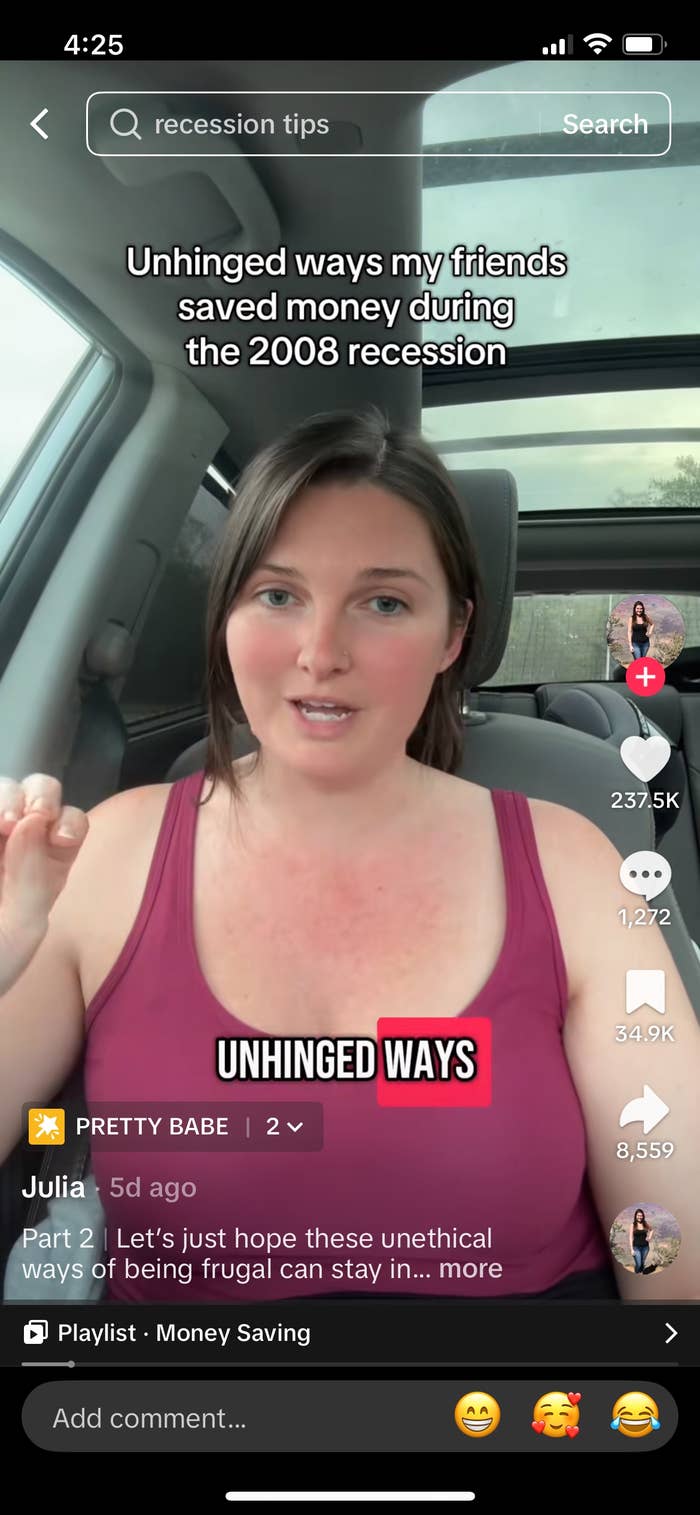 A person in a car shares money-saving tips from the 2008 recession in a video. Text highlights "unhinged ways" friends saved money