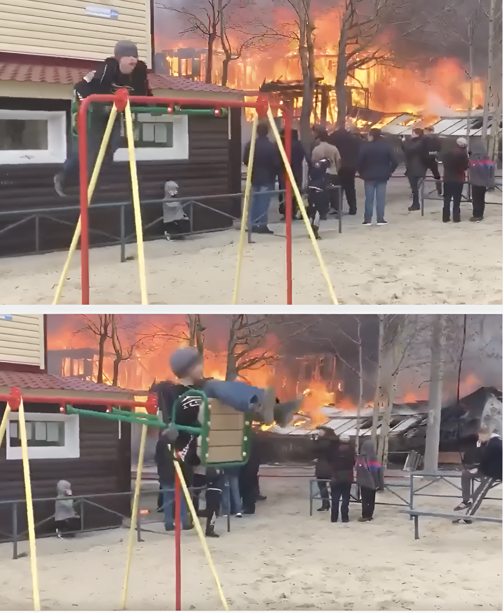 Children play on a swing near a building fire while several adults look on, showing a stark contrast between play and danger