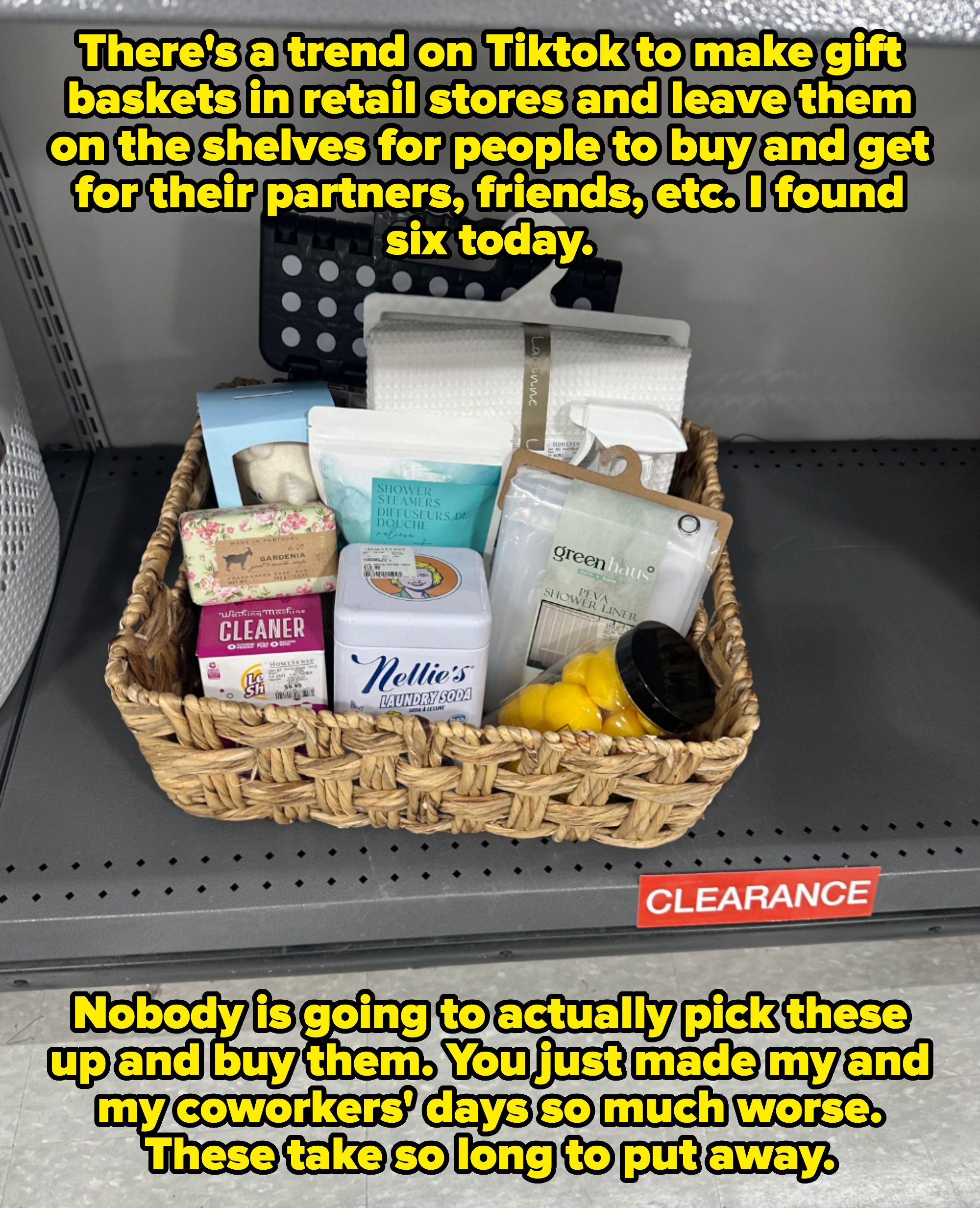 Wicker basket on clearance shelf containing various home goods like towels, cleaner, and storage accessories