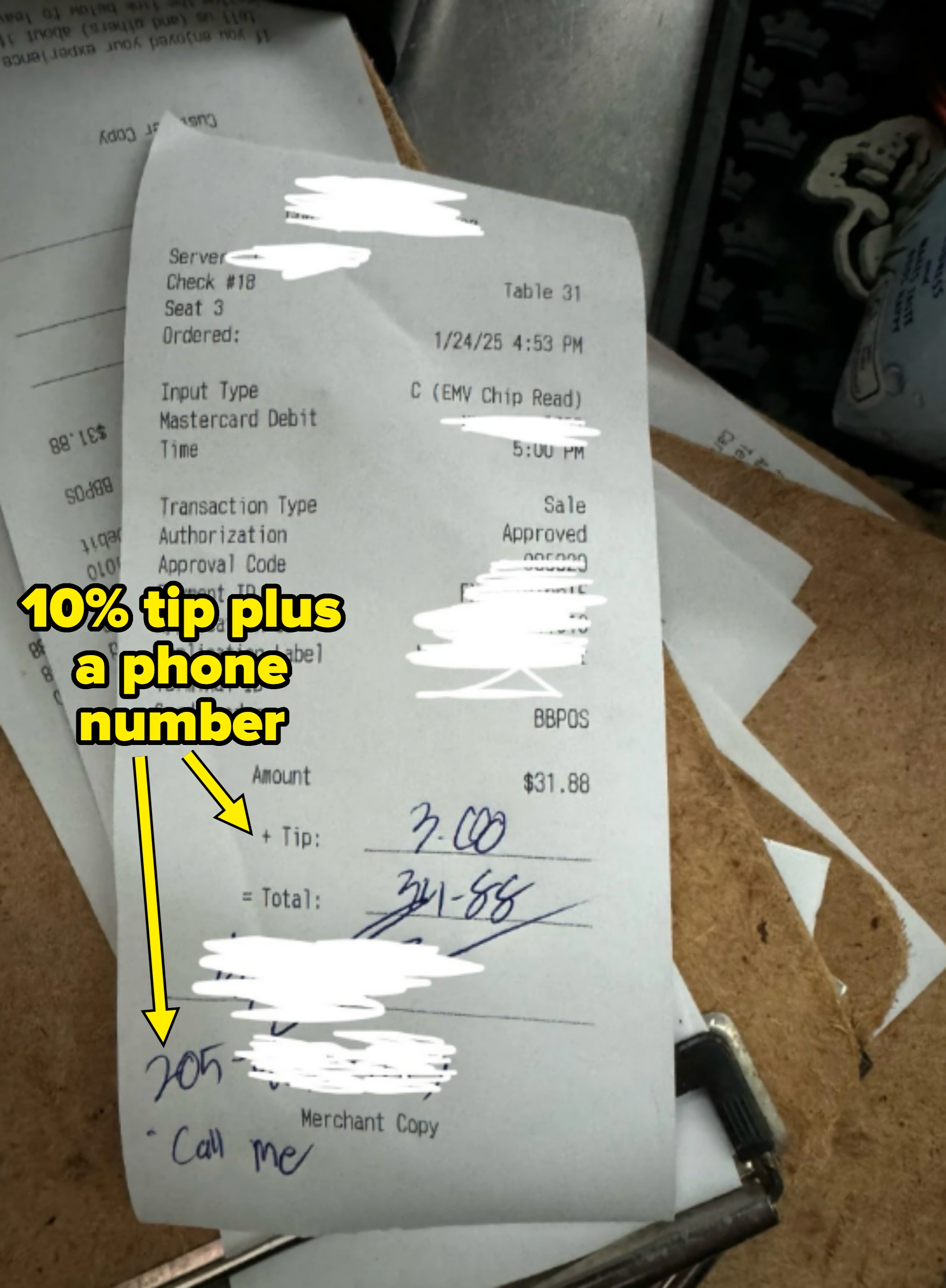 Receipt on a corkboard with a handwritten note saying "Call me" and phone number scribbles. Total due: $31.86