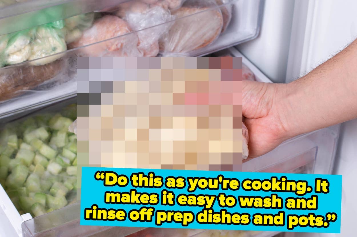 A freezer drawer open with various foods inside. A text overlay provides a tip: "Do this as you're cooking. It makes it easy to wash and rinse off prep dishes and pots.â