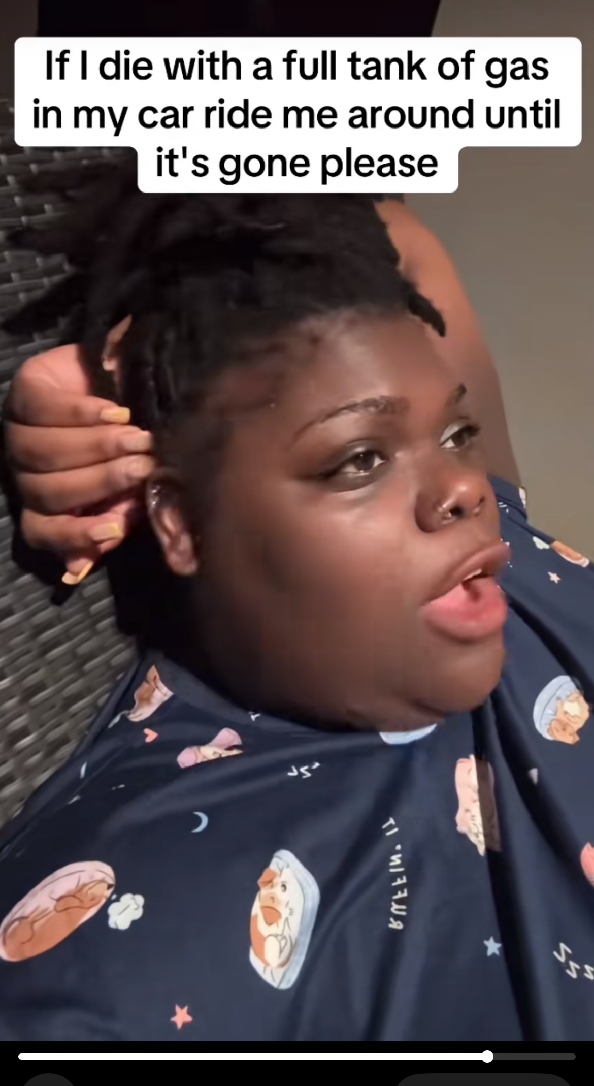 Person lying down, looking contemplative. Text: &quot;If I die with a full tank of gas in my car ride me around until it's gone please&quot;