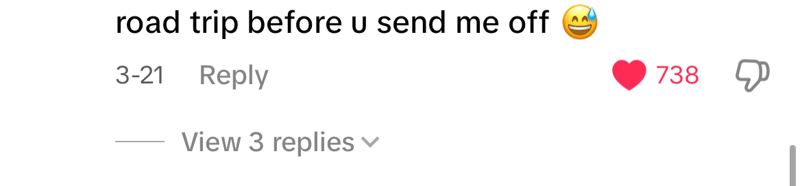 Social media comment with 738 likes: &quot;My suv cost 90 to fill so please take me on a road trip before u send me off&quot;