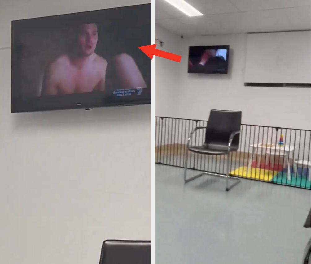 TV in waiting room accidentally displays a scene from a show with a shirtless person, visible to visitors seated nearby