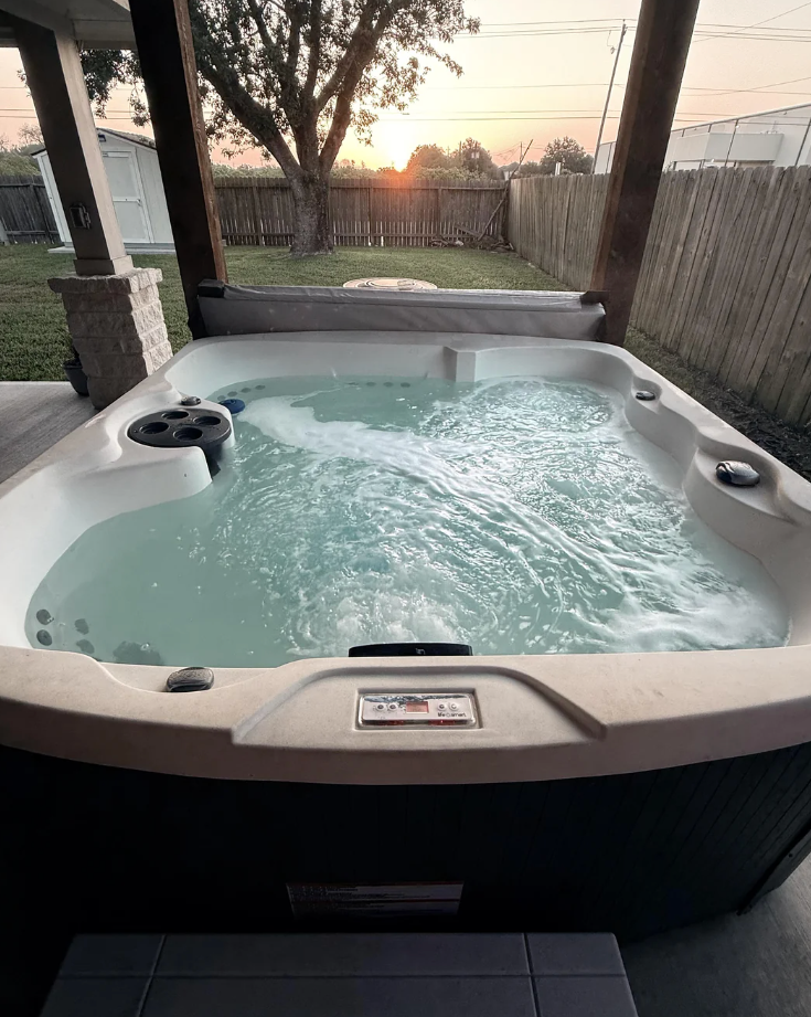 Screenshot of a Reddit post titled "A Beautiful Hot Tub Morning" with image of a hot tub and a scenic outdoor view