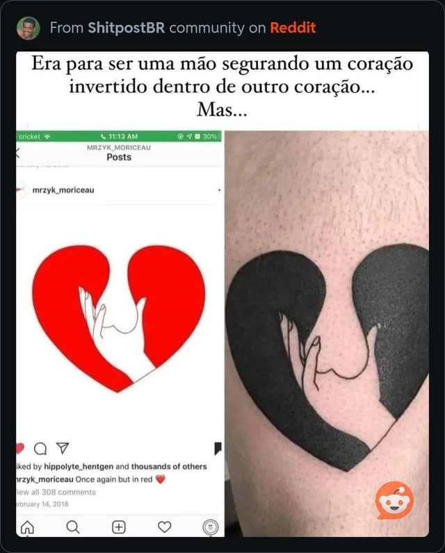 Image showing a hand-heart tattoo compared to a similar design posted online, highlighting a humorous or unexpected difference between the two