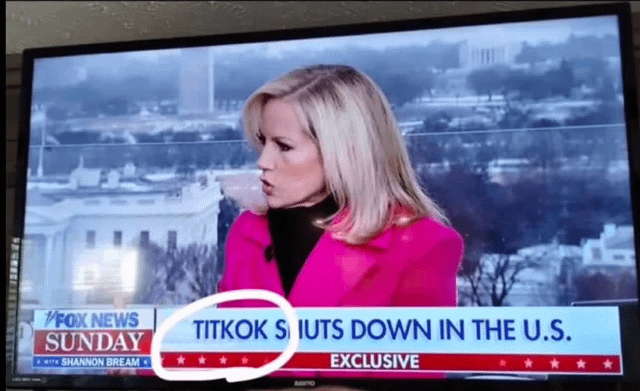 News photo showing a reporter standing in front of a cityscape. TV headline misspelled as "Titkok shuts down in the U.S."