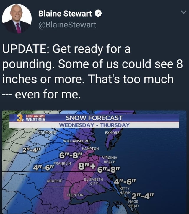 Weather forecast joke tweet about snowfall predictions of 8 inches or more in some areas, with a humorous comment on the amount