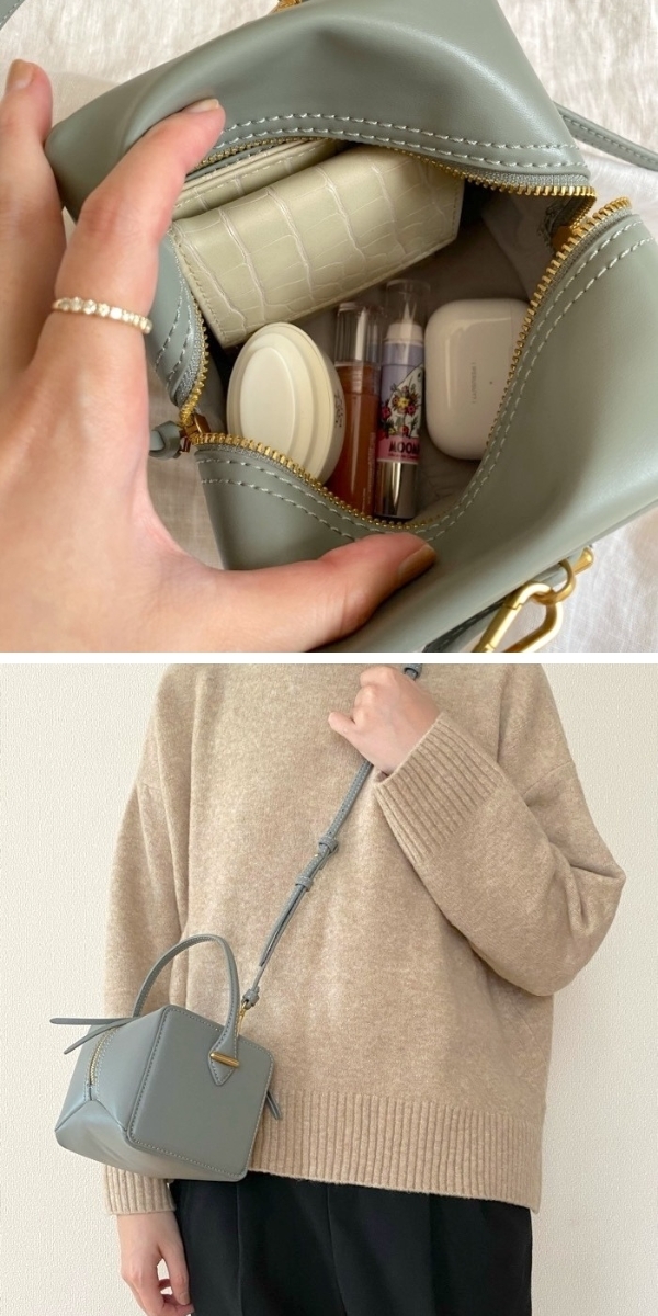 開いたバッグの中に化粧品とバッグを肩にかけた人物。