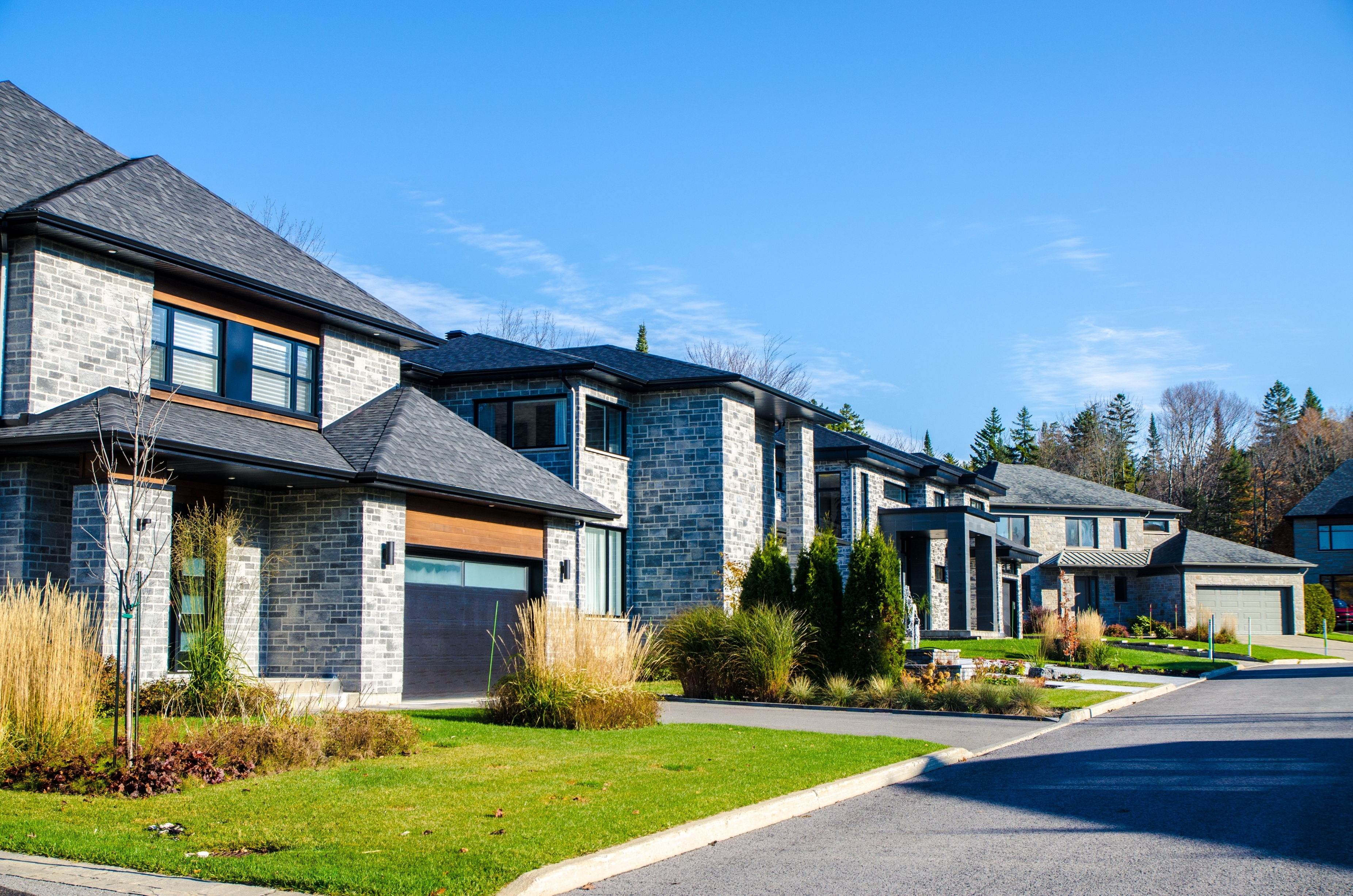 Row of modern suburban houses with manicured lawns and tidy driveways under a clear sky