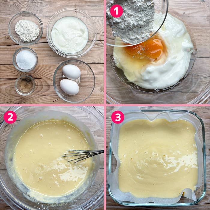 4つの画像がステップごとにケーキ生地の準備を示しています。材料、混ぜる過程、型に流し込む様子があります。