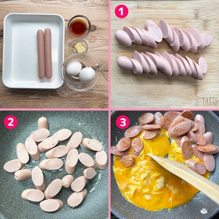 ソーセージを切って炒め、卵と一緒にフライパンで調理する手順の画像コラージュ。