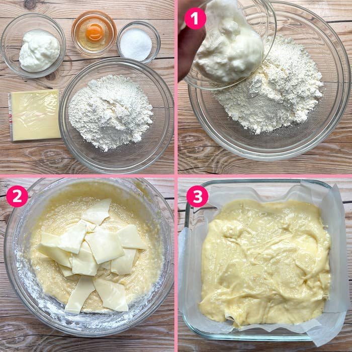 4コマのベイク作成手順: 1) 材料を混ぜる 2) チーズ追加 3) 焼く準備完了