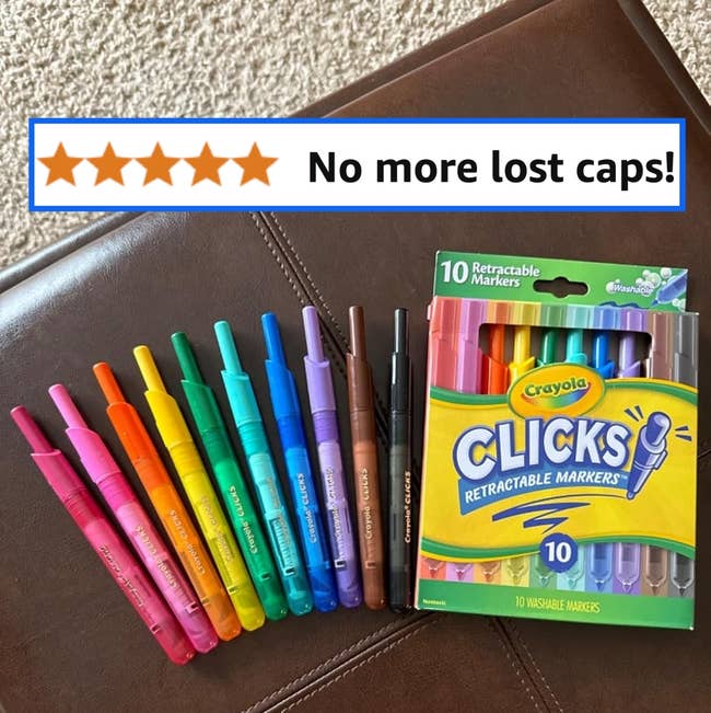 Ten Crayola Clicks retractable markers adjacent to packaging