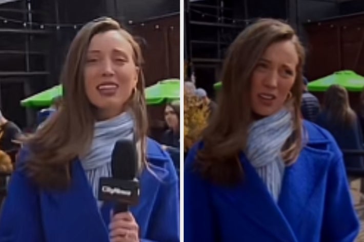 女性が屋外でインタビュー中。青いコートとマイクを持っている。背景に人々と緑の傘。