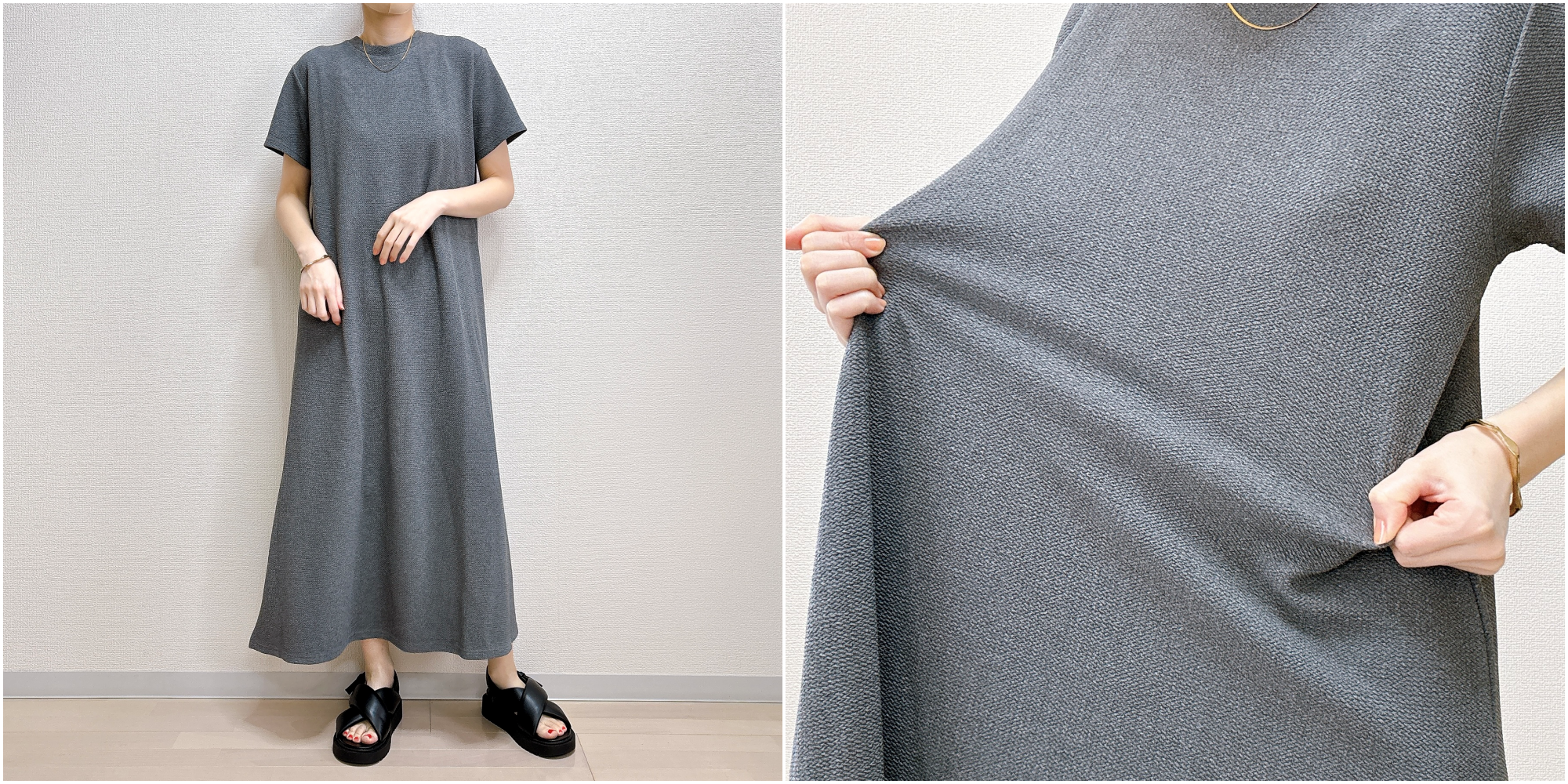 ゆったりしたロングワンピースを着た人物が、素材の伸縮性を示すためにワンピースの一部を引っ張っている。