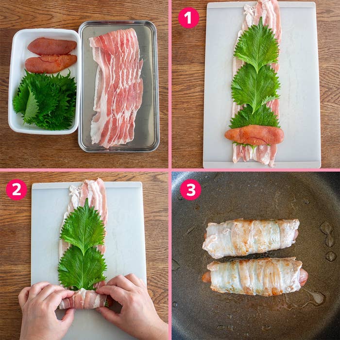 明太子と大葉を豚肉で巻く手順を示した写真。1. 材料準備 2. 巻く 3. フライパンで焼く。