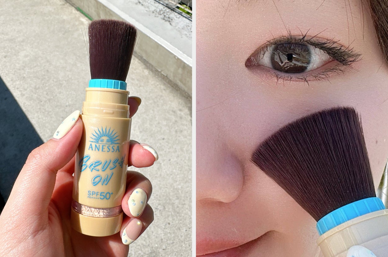 日差しの下で手に握られたブラシ付きの日焼け止めSPF50+。