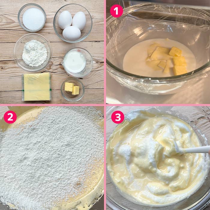 スライスチーズのスフレケーキの作り方:材料と混ぜ方のステップ1〜3を示した画像。