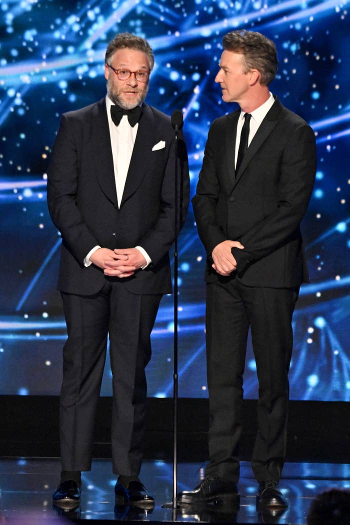 Seth Rogen and Edward Norton speak onstage during the 11th Breakthrough Prize Ceremony