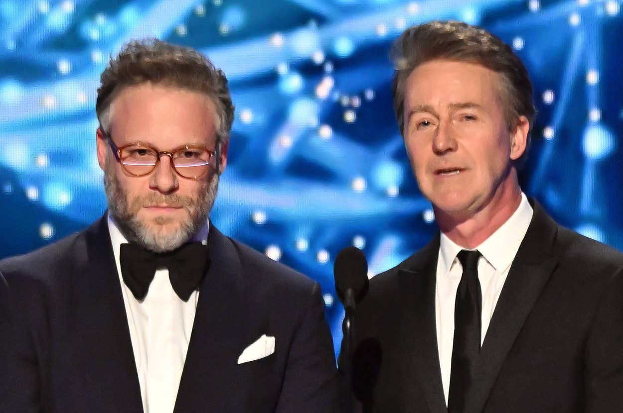 Seth Rogen and Edward Norton speak onstage during the 11th Breakthrough Prize Ceremony