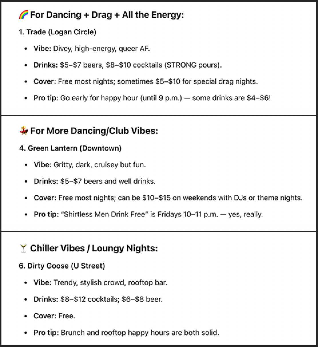 Summary of a list of nightlife venues of LGBTQ places in DC