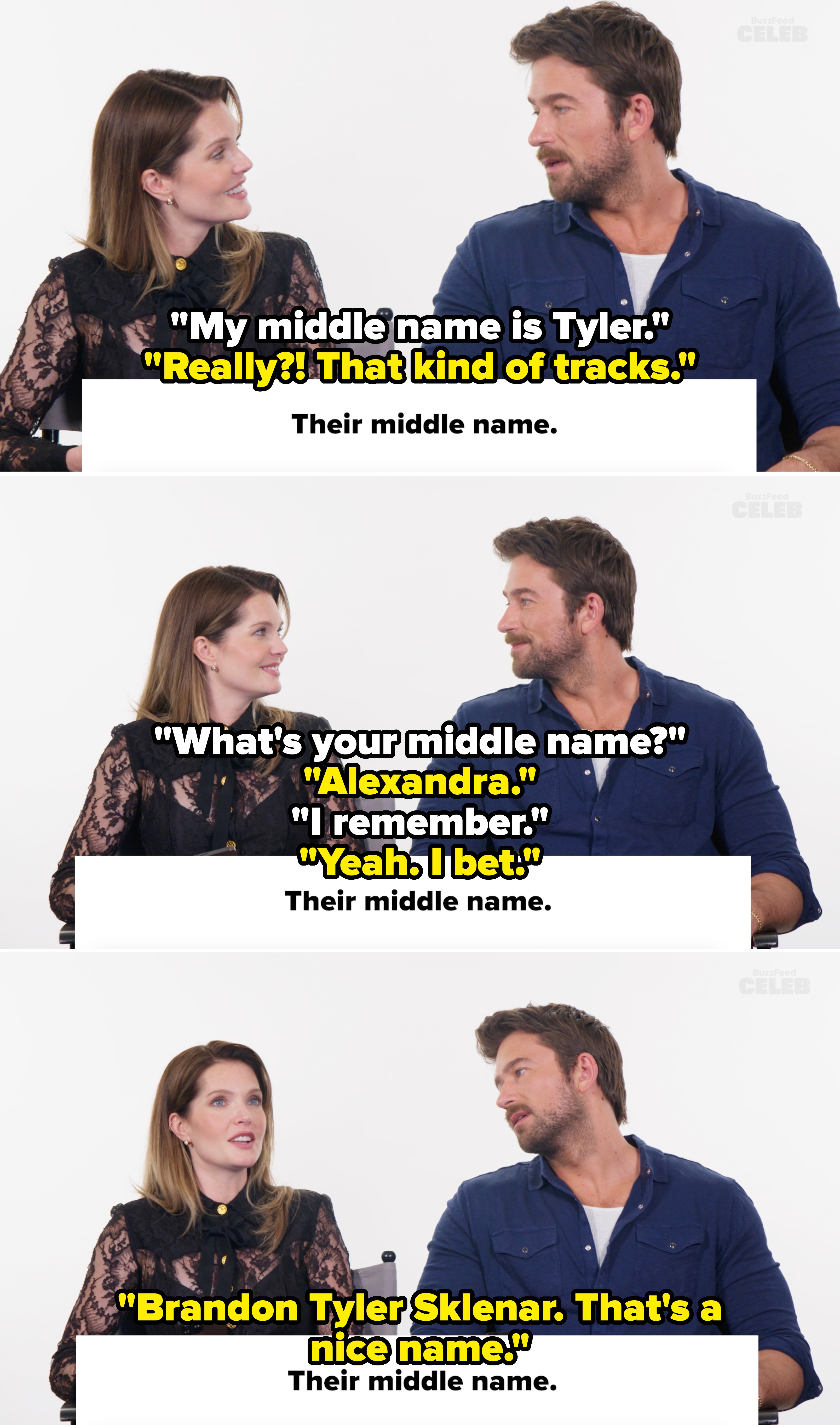 Brandon revealing his middle name is Tyler, while Meghann reveals that hers is Alexandra