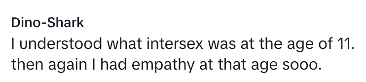 Text discussing understanding intersex at age 11 and having empathy at that age