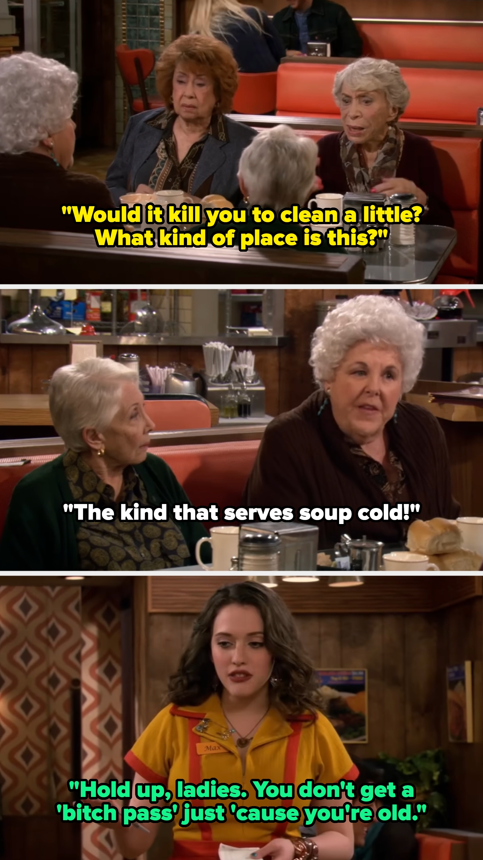 Group of older women sitting in a diner booth, talking. A young waitress, wearing a yellow and red uniform, stands by, engaging in conversation