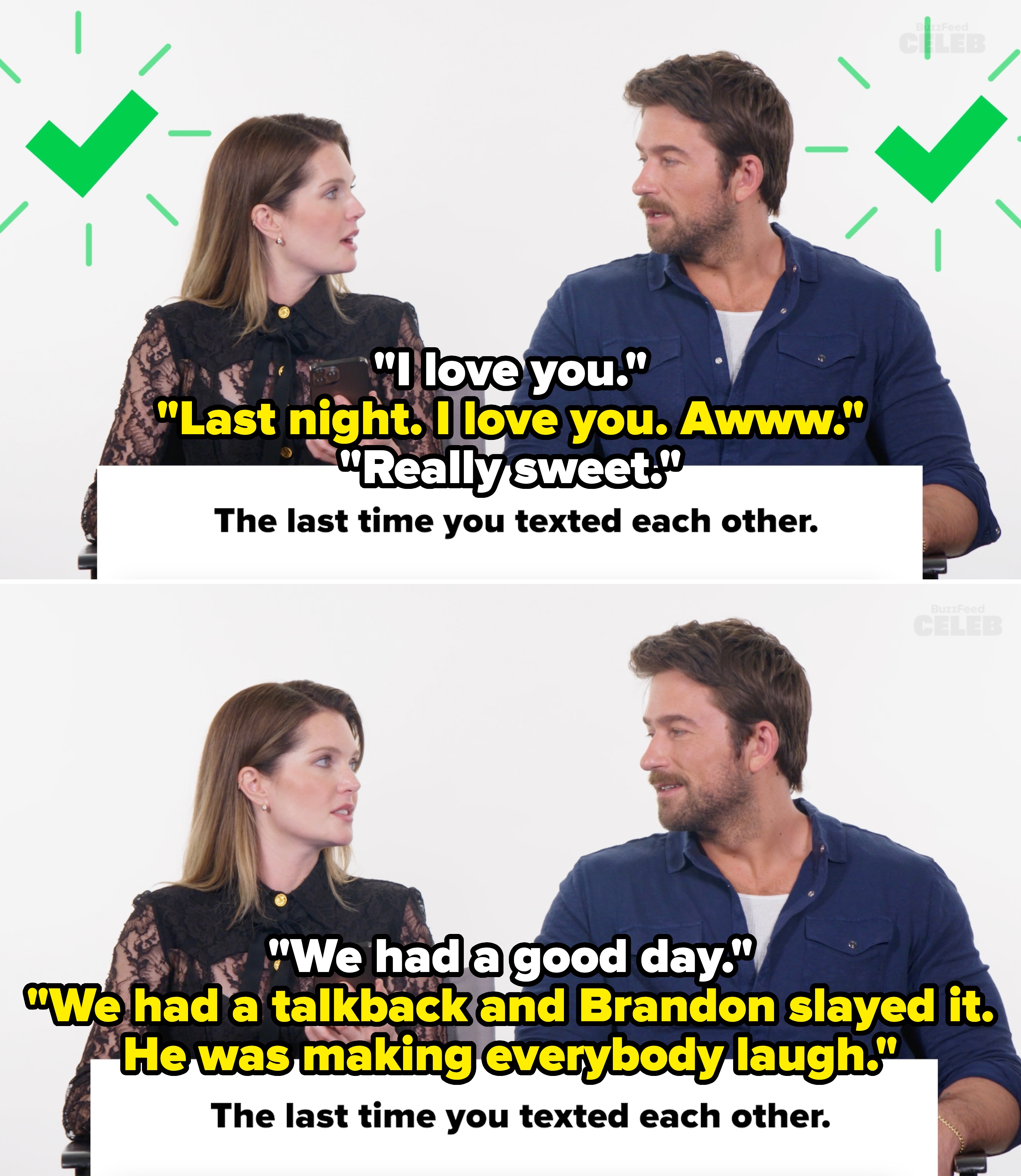 Meghann and Brandon saying the last texts they sent each other was "I love you" after Brandon "slayed" a talkback