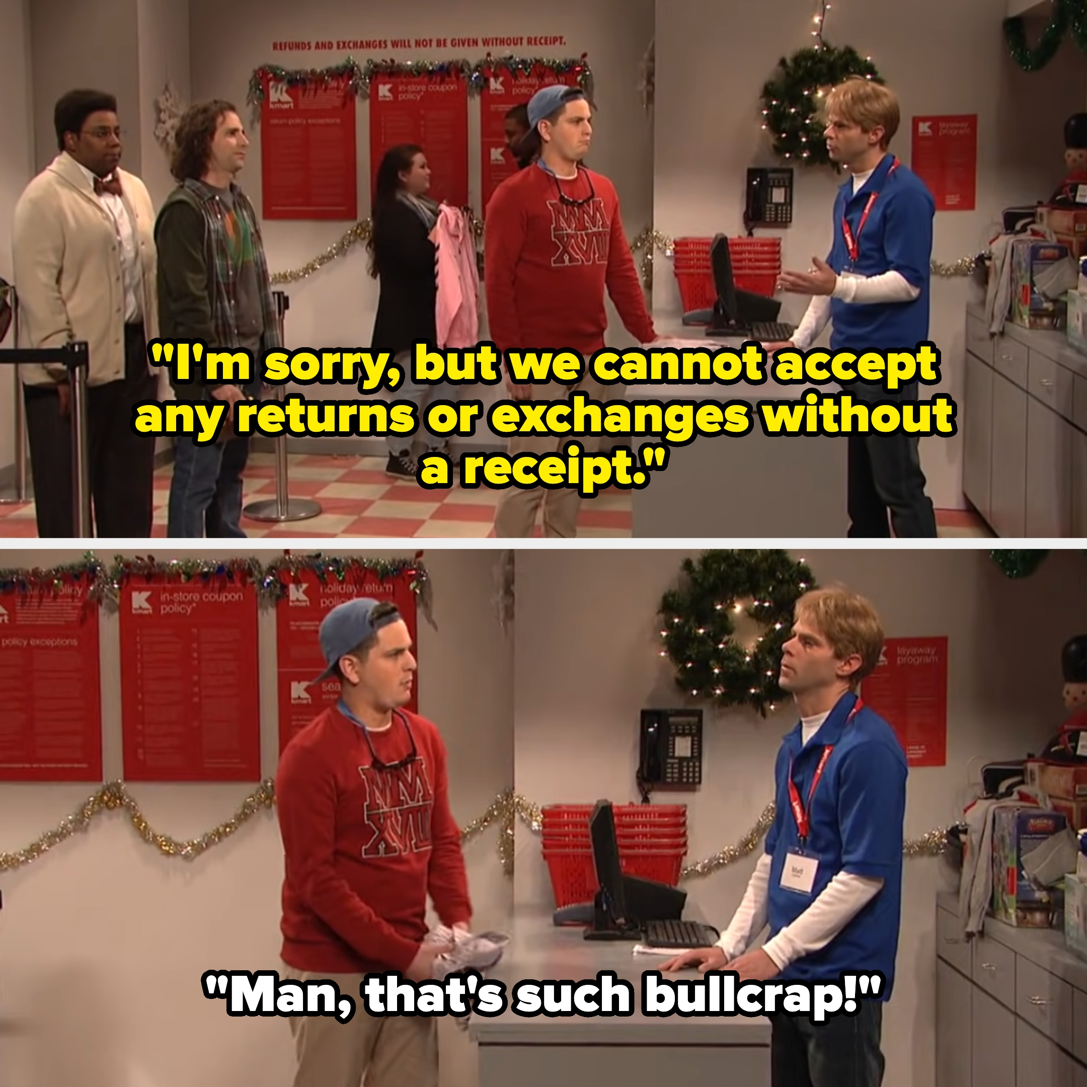 Two people at a store counter exchange a shirt while others wait, with holiday decorations in the background