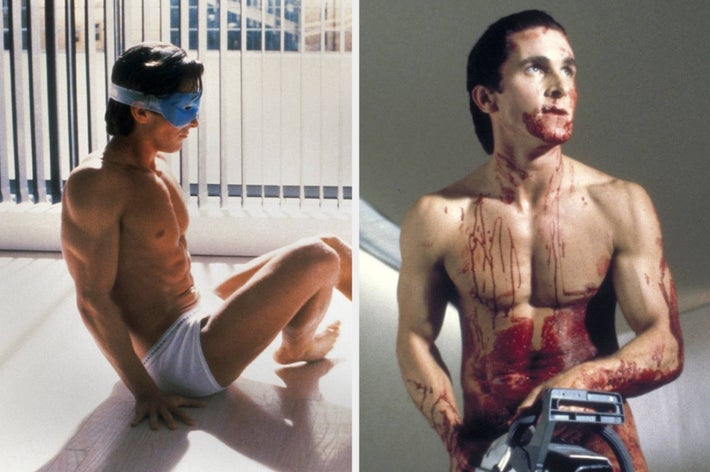 Actor in two scenes: exercising in minimal attire with eyes covered, and standing shirtless splattered with red substance, holding an electric tool