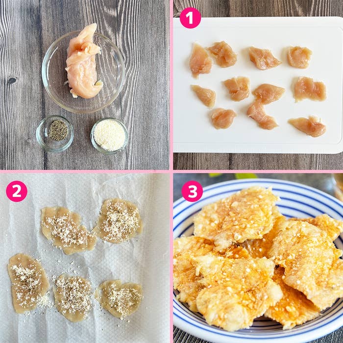 鶏ささみを切り、調味料をまぶして焼いた鶏ささみの調理過程を示す手順。