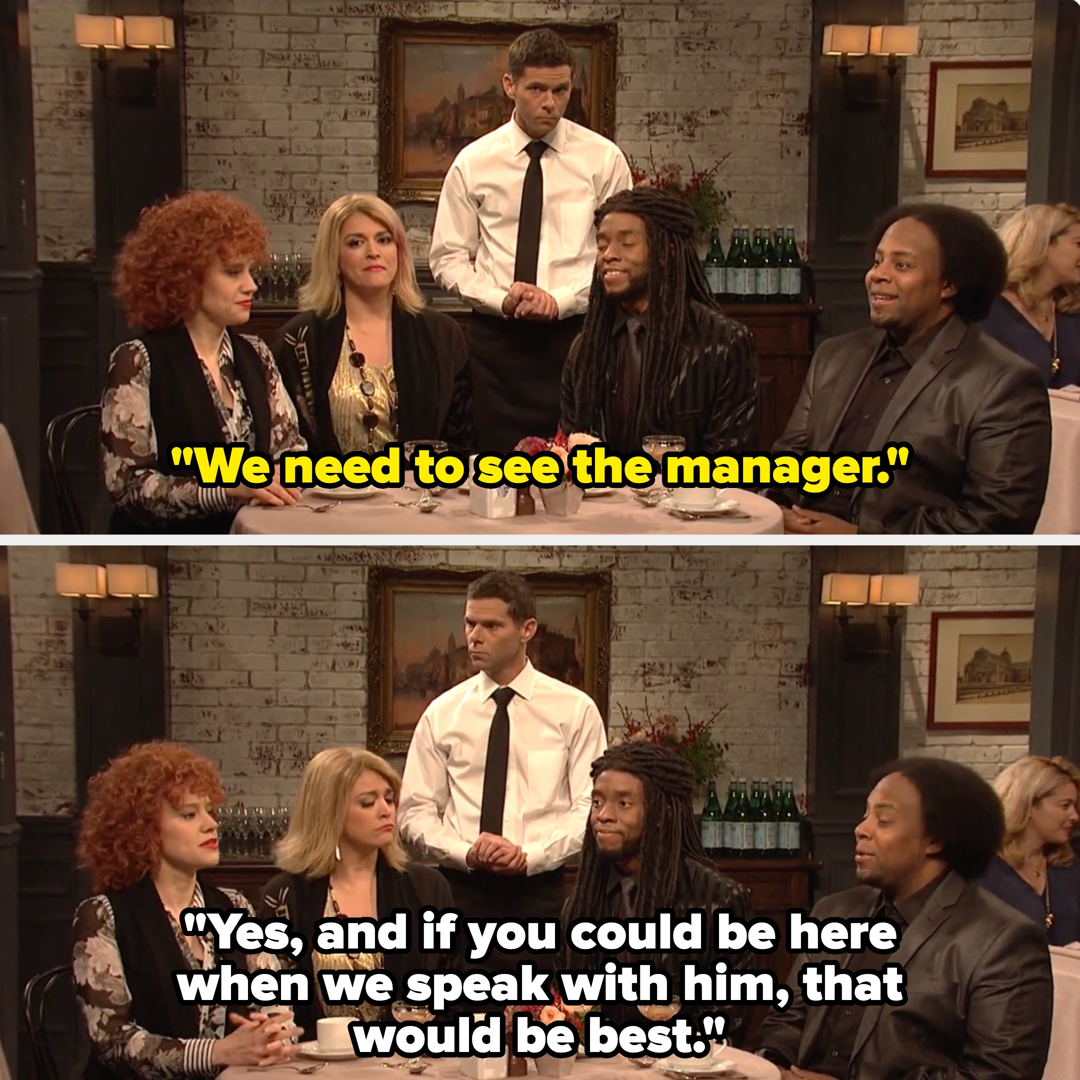 Four people are seated at a restaurant table having a conversation, with a waiter standing nearby observing them