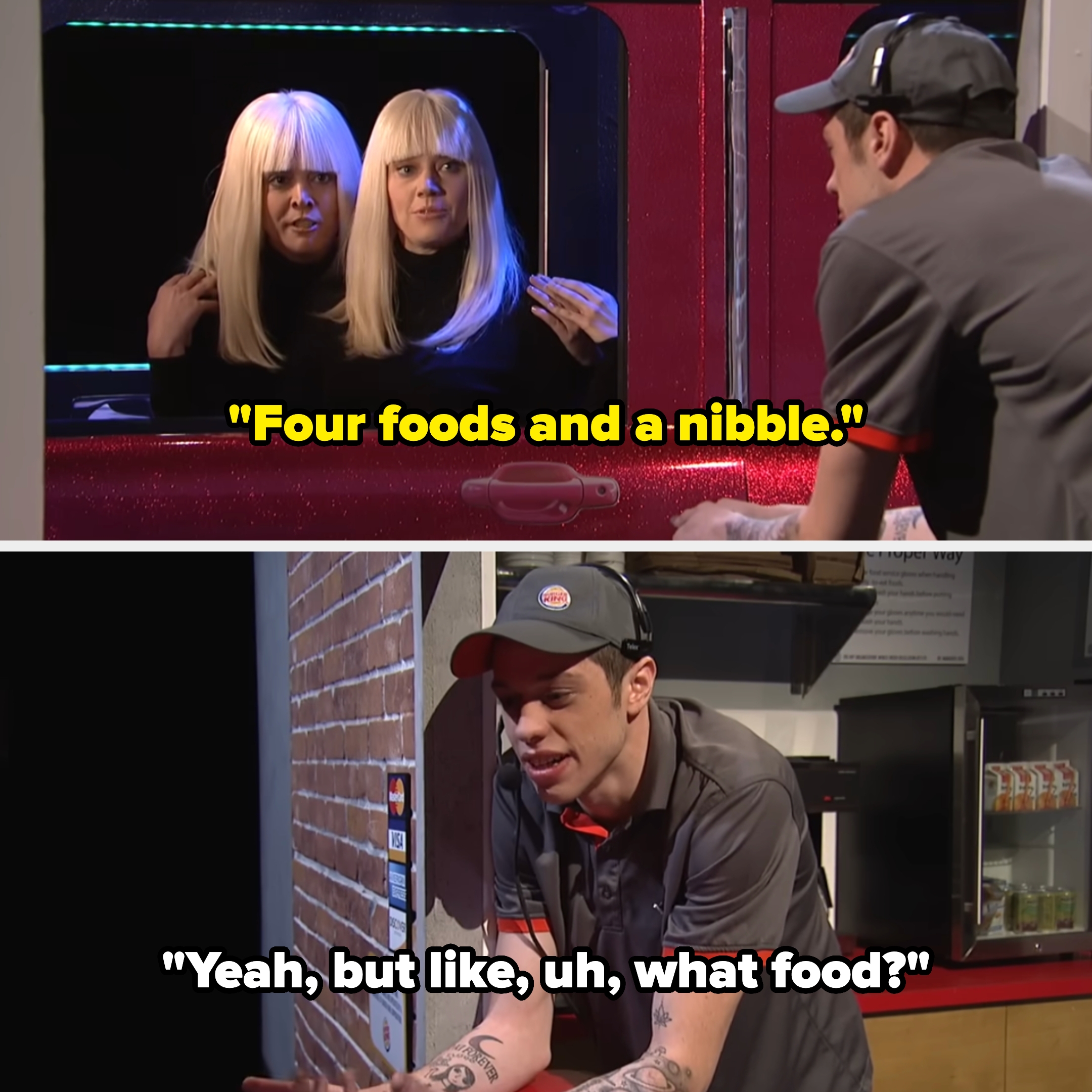 Two women in wigs look out from a vehicle window at a fast-food worker, who appears surprised or engaged, standing in a restaurant setting