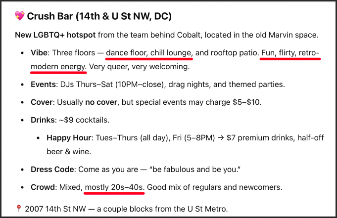 Text summarizing a new LGBTQ+ venue in DC with a dance floor, chill lounge, rooftop patio, and events like DJ nights, with a diverse and welcoming crowd
