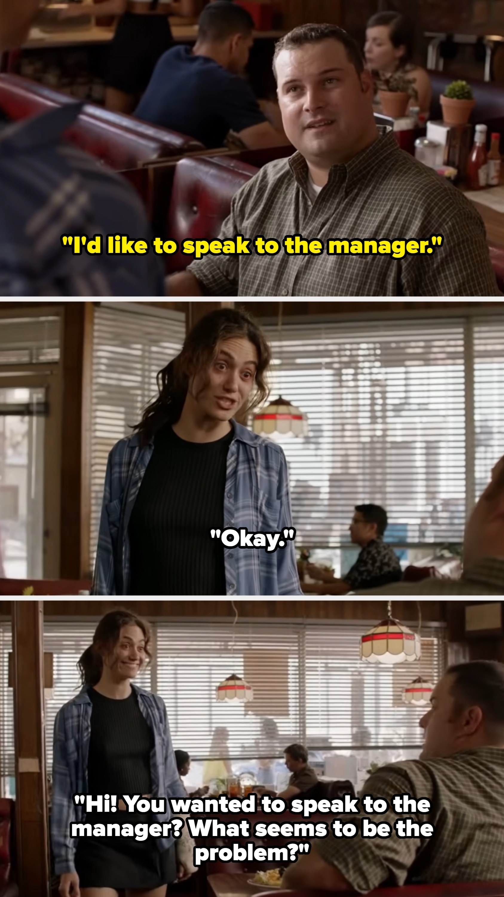 Three people converse at a diner table in a casual setting, suggesting a business or work-related discussion